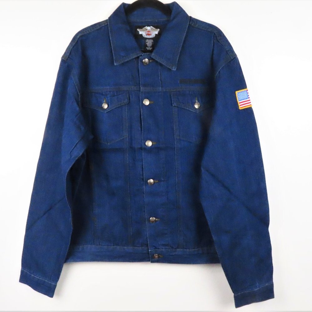 Harley Davidson Dark Wash Button Up Jean Jacket Mens Size L